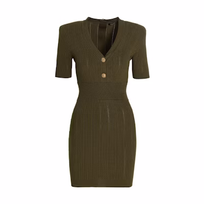 (Women) BALMAIN SS23 Green Ribbed Mesh Knit Short Sleeve Slim Dress AF1R6030KB397CH