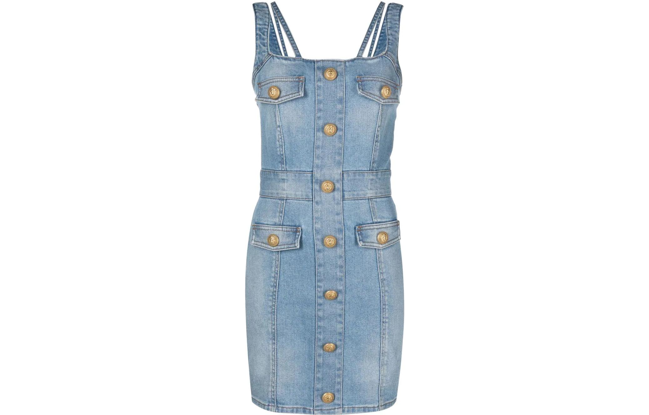 (Women) BALMAIN SS23 Washed Denim Button Sleeveless Dress Women Blue AF1R2127DC99-6FF