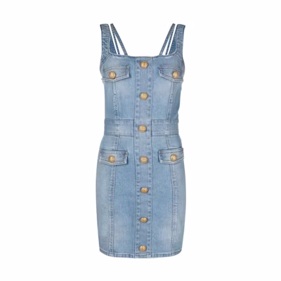 (Women) BALMAIN SS23 Washed Denim Button Sleeveless Dress Women Blue AF1R2127DC99-6FF
