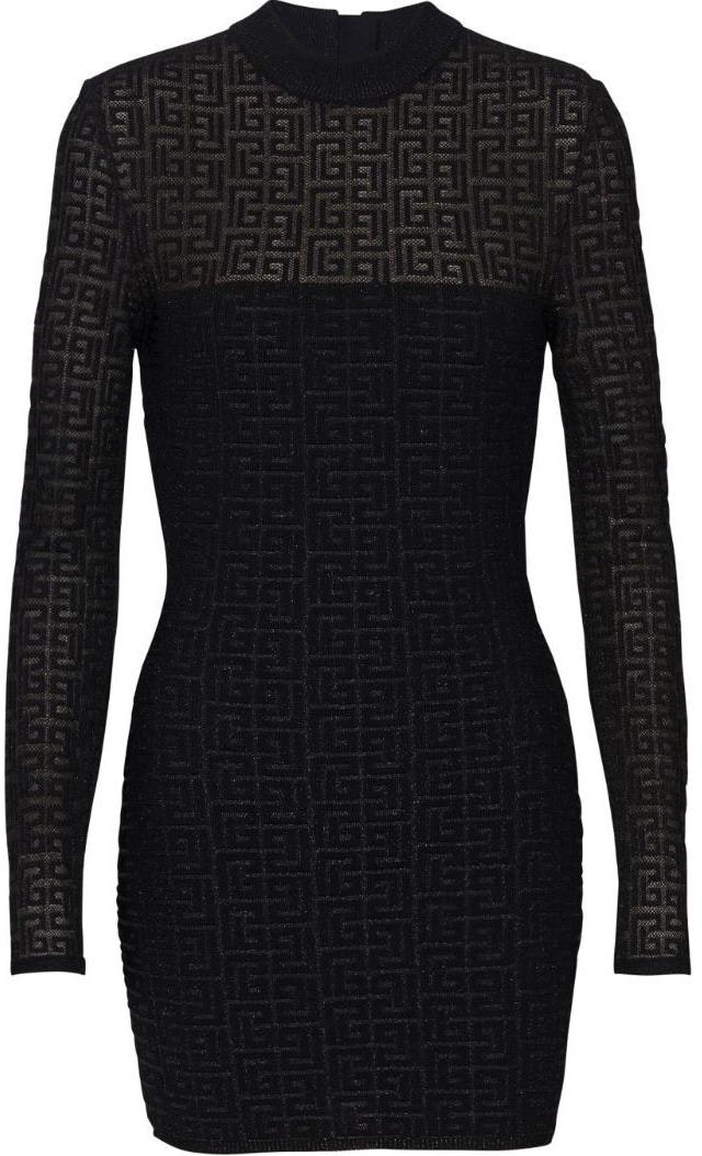 women-balmain-ss-24-black-knit-mesh-long-sleeve-mini-dress-with-maze-logo-pattern-df-1-r8029-kg-96-eac