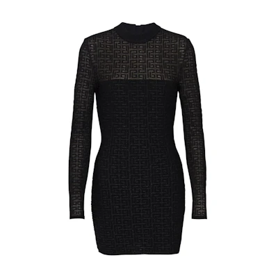 (Women) BALMAIN SS24 Black Knit Mesh Long Sleeve Mini Dress with Maze Logo Pattern DF1R8029-KG96-EAC