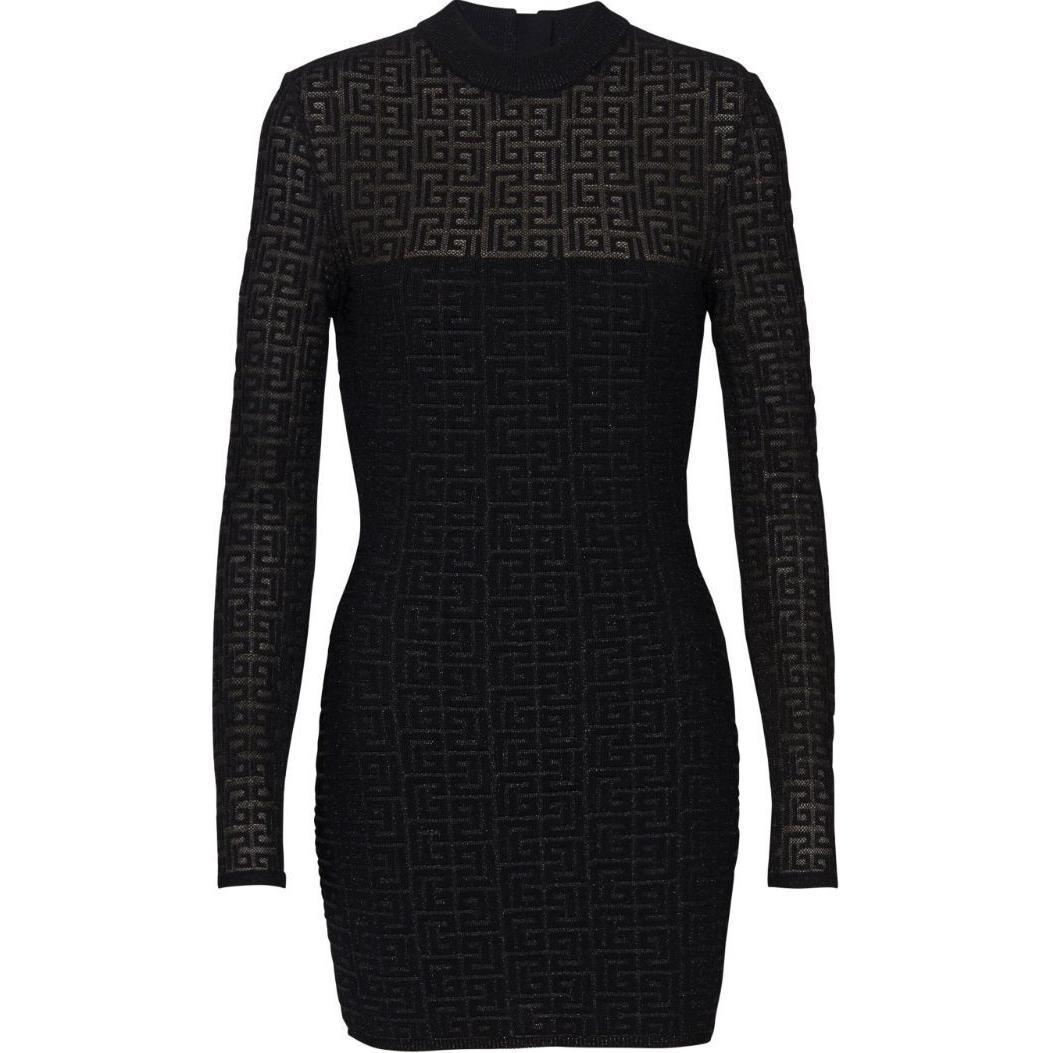 Order (W) BALMAIN SS24 Mini Dress Lengan Panjang Hitam dengan Corak Logo Maze. DF1R8029-KG96-EAC