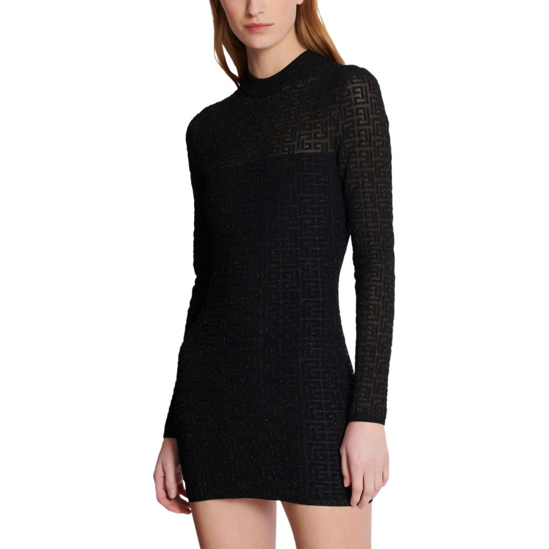 Details for (W) BALMAIN SS24 Mini Dress Lengan Panjang Hitam dengan Corak Logo Maze. DF1R8029-KG96-EAC
