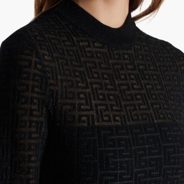 Sizing (W) BALMAIN SS24 Mini Dress Lengan Panjang Hitam dengan Corak Logo Maze. DF1R8029-KG96-EAC