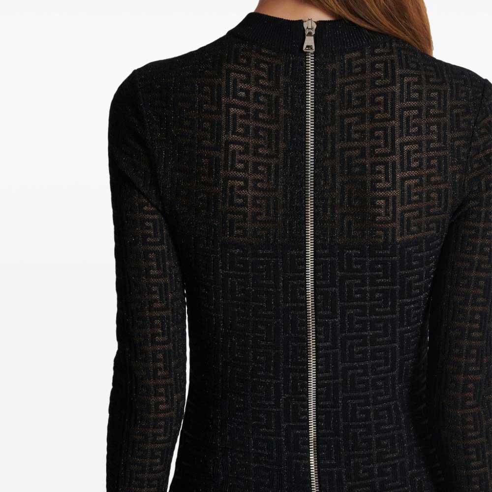 Cheap (W) BALMAIN SS24 Mini Dress Lengan Panjang Hitam dengan Corak Logo Maze. DF1R8029-KG96-EAC
