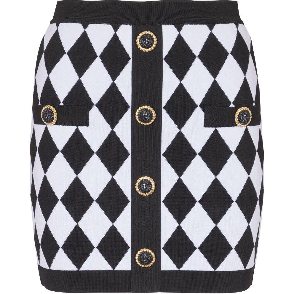 (Women) BALMAIN SS24  Black Mid-Rise Knit Casual Skirt with Diamond Pattern. DF1LB292-KG66