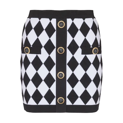 (Women) BALMAIN SS24 Black Mid-Rise Knit Casual Skirt with Diamond Pattern. DF1LB292-KG66