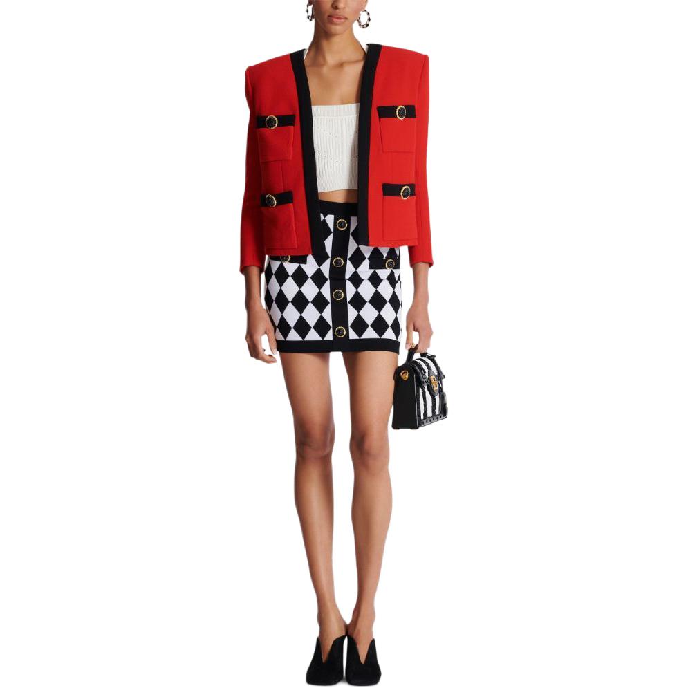 Lookbook (W) 巴尔曼 SS24 黑色中腰钻石纹针织休闲裙 DF1LB292-KG66