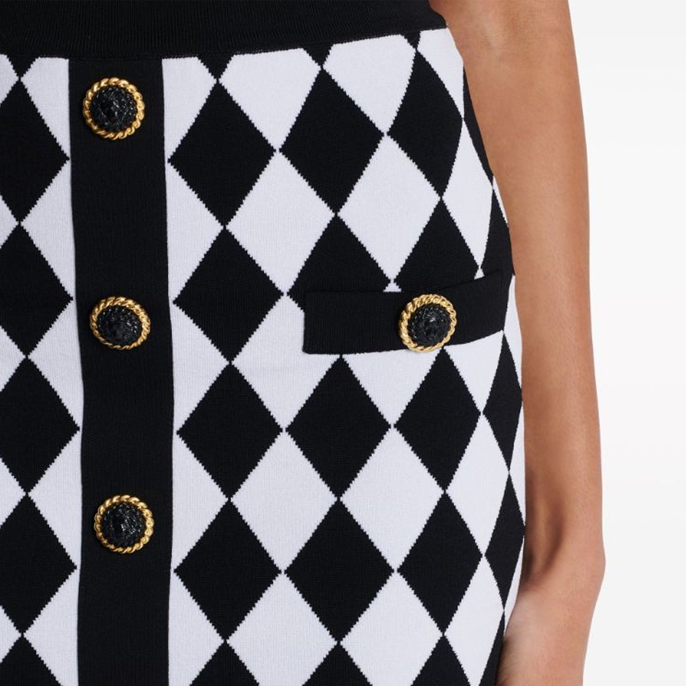 Sizing (W) 巴尔曼 SS24 黑色中腰钻石纹针织休闲裙 DF1LB292-KG66