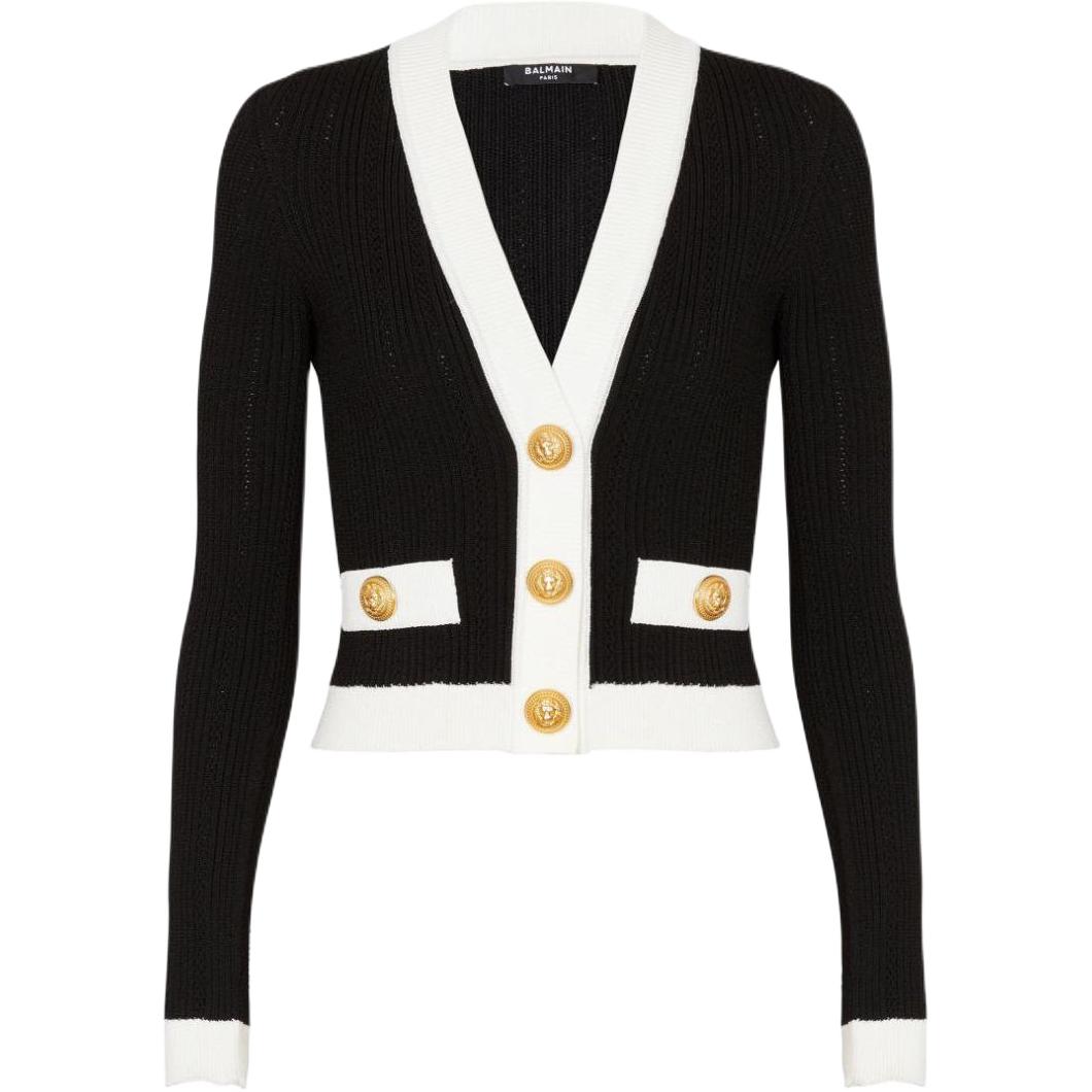 (Women) BALMAIN SS24  Black Ribbed V-Neck Button-Up Cropped Knit Cardigan. CF0KL018-KF24-EAB