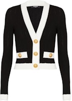 (Women) BALMAIN SS24 Black Ribbed V-Neck Button-Up Cropped Knit Cardigan. CF0KL018-KF24-EAB (Women) BALMAIN SS24 Black Ribbed V-Neck Button-Up Cropped Knit Cardigan. CF0KL018-KF24-EAB