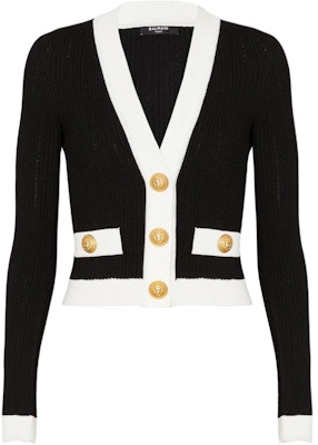 (W) BALMAIN SS24 Kardigan Hitam Rajut Crop Leher V Butang Tepi. CF0KL018-KF24-EAB Buy (W) BALMAIN SS24 Kardigan Hitam Rajut Crop Leher V Butang Tepi. CF0KL018-KF24-EAB