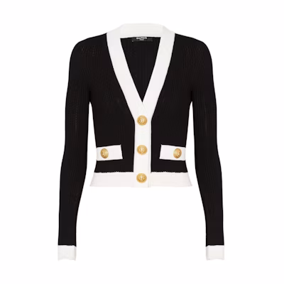 (Women) BALMAIN SS24 Black Ribbed V-Neck Button-Up Cropped Knit Cardigan. CF0KL018-KF24-EAB