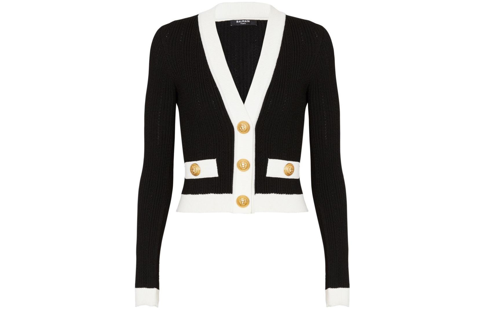 Order (W) BALMAIN SS24 Kardigan Hitam Rajut Crop Leher V Butang Tepi. CF0KL018-KF24-EAB