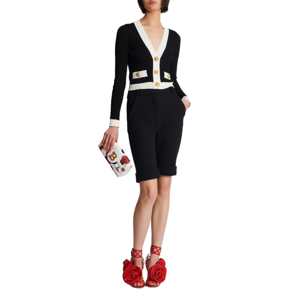 Lookbook (W) BALMAIN SS24 Kardigan Hitam Rajut Crop Leher V Butang Tepi. CF0KL018-KF24-EAB