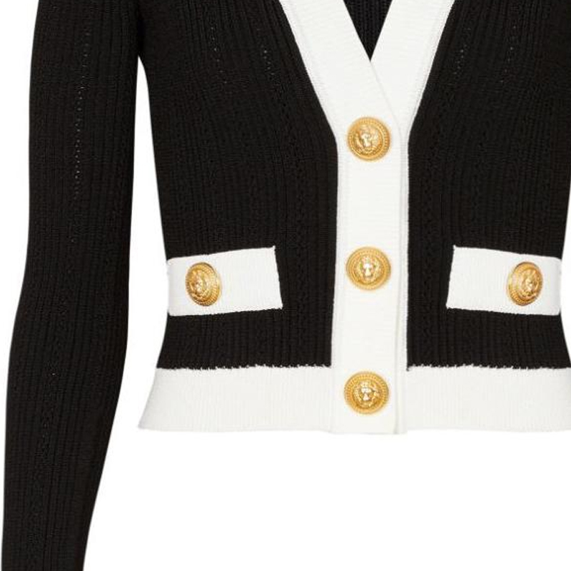 Sizing (W) BALMAIN SS24 Kardigan Hitam Rajut Crop Leher V Butang Tepi. CF0KL018-KF24-EAB