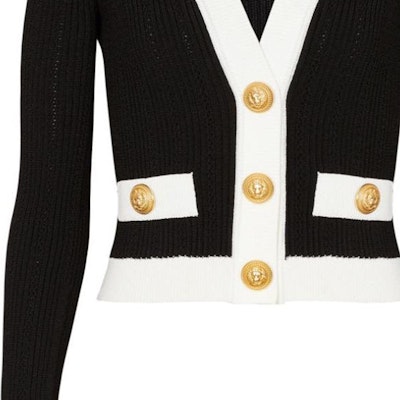 (W) BALMAIN SS24 Kardigan Hitam Rajut Crop Leher V Butang Tepi. CF0KL018-KF24-EAB Sizing (W) BALMAIN SS24 Kardigan Hitam Rajut Crop Leher V Butang Tepi. CF0KL018-KF24-EAB