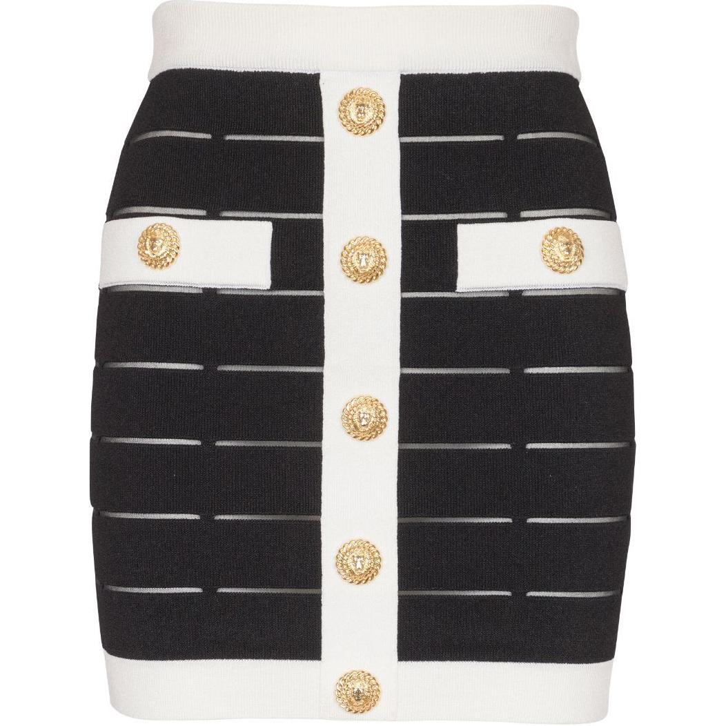 (Women) Balmain SS24  Black Striped Button Knit Cutout Casual Skirt. DF1LB017-KG59-EAB