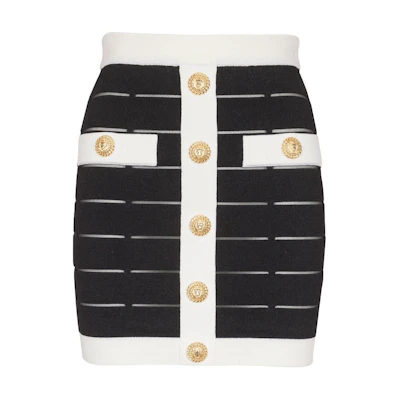 (Women) Balmain SS24 Black Striped Button Knit Cutout Casual Skirt. DF1LB017-KG59-EAB