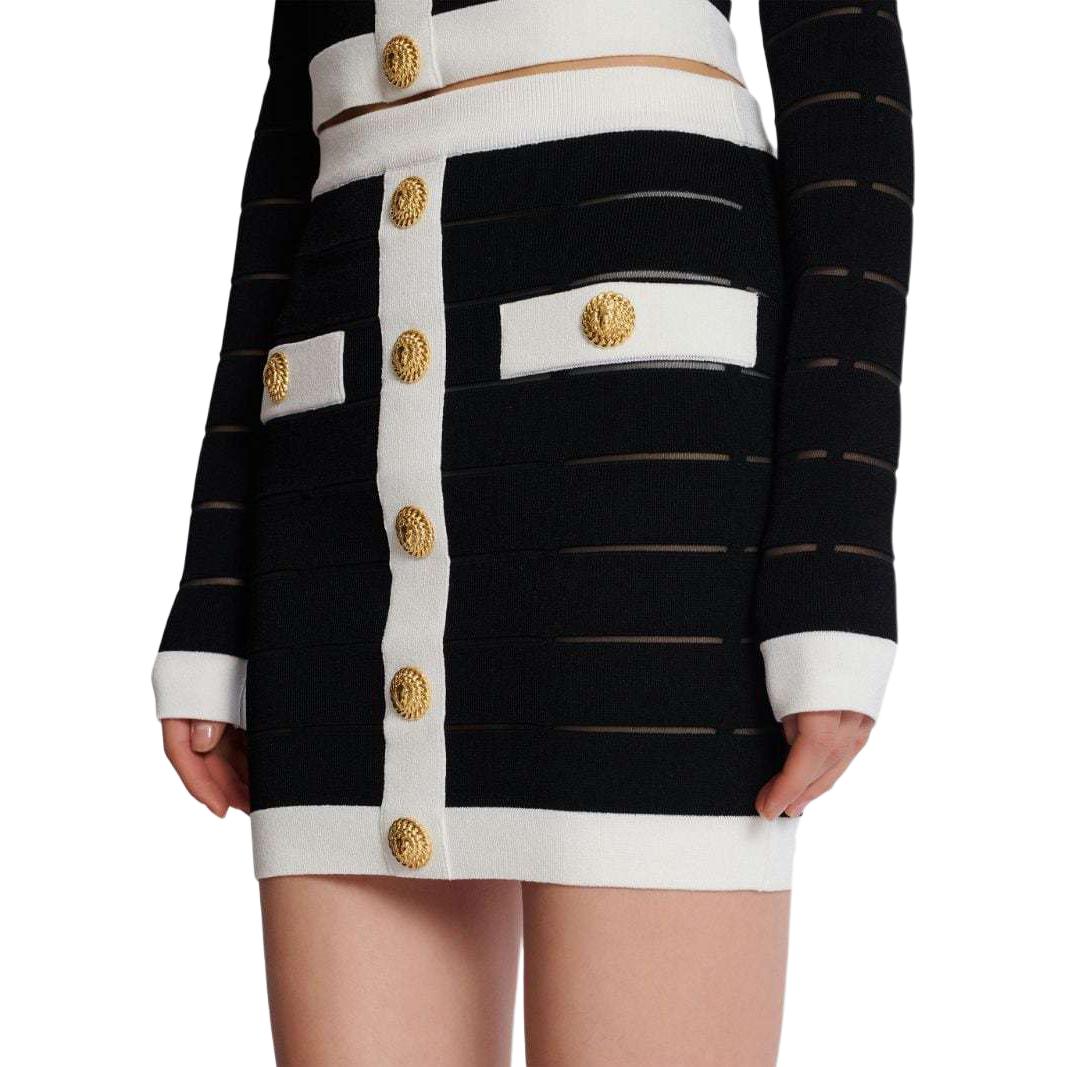 Sizing (W) 巴尔曼 SS24 黑色条纹纽扣镂空休闲半身裙 DF1LB017-KG59-EAB