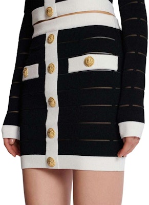 (W) 巴尔曼 SS24 黑色条纹纽扣镂空休闲半身裙 DF1LB017-KG59-EAB Sizing (W) 巴尔曼 SS24 黑色条纹纽扣镂空休闲半身裙 DF1LB017-KG59-EAB