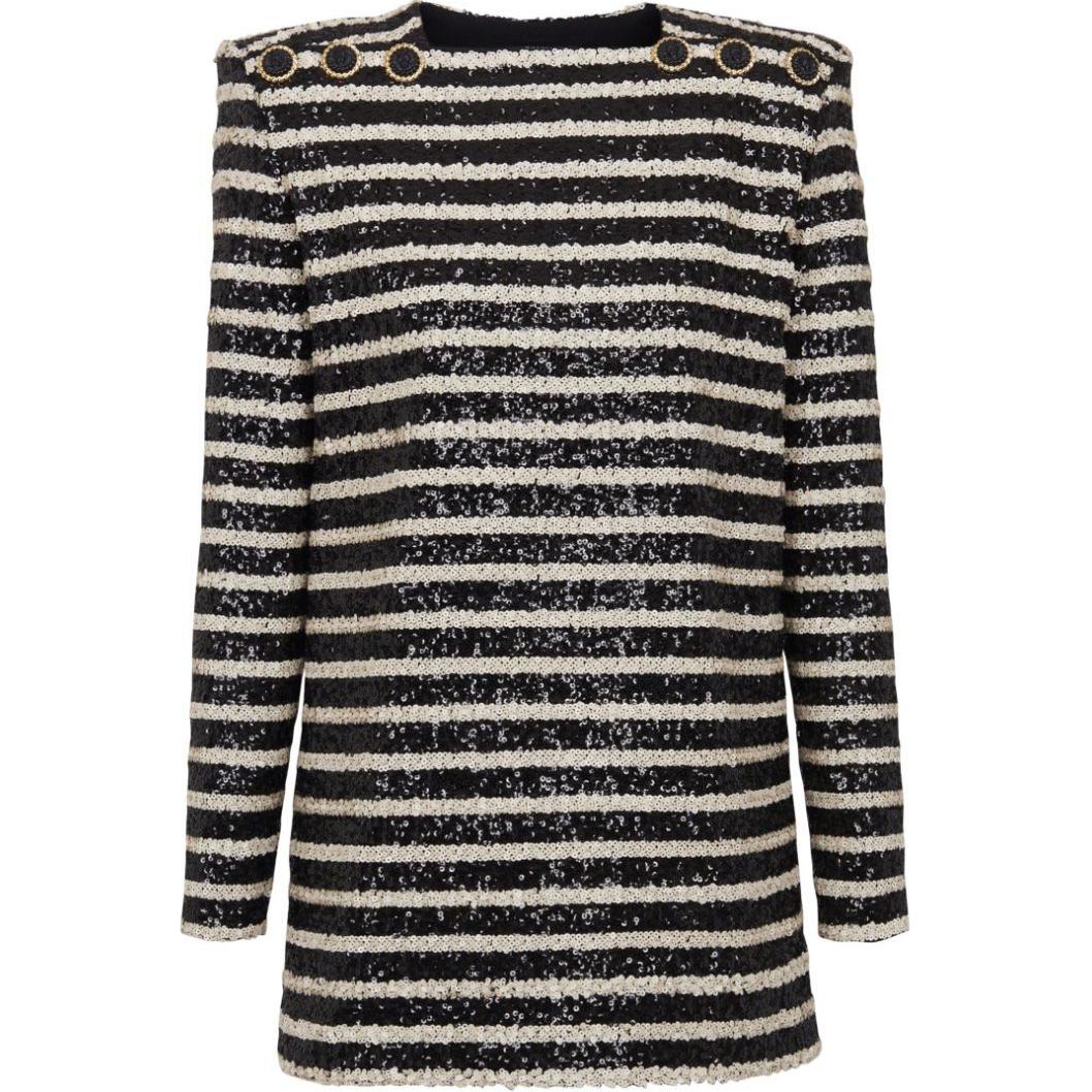 (Women) BALMAIN SS24  Black Striped Sequin Embellished Long Sleeve Mini Dress. DF1R9181XJ31