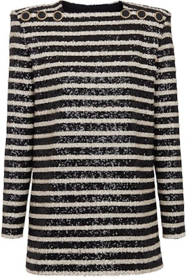 (W) 巴尔曼 SS24 黑色条纹亮片装饰长袖迷你连衣裙. DF1R9181XJ31 Buy (W) 巴尔曼 SS24 黑色条纹亮片装饰长袖迷你连衣裙. DF1R9181XJ31