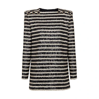 (Women) BALMAIN SS24 Black Striped Sequin Embellished Long Sleeve Mini Dress. DF1R9181XJ31