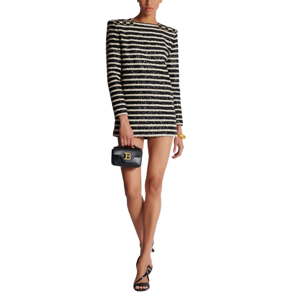 Lookbook (W) 巴尔曼 SS24 黑色条纹亮片装饰长袖迷你连衣裙. DF1R9181XJ31