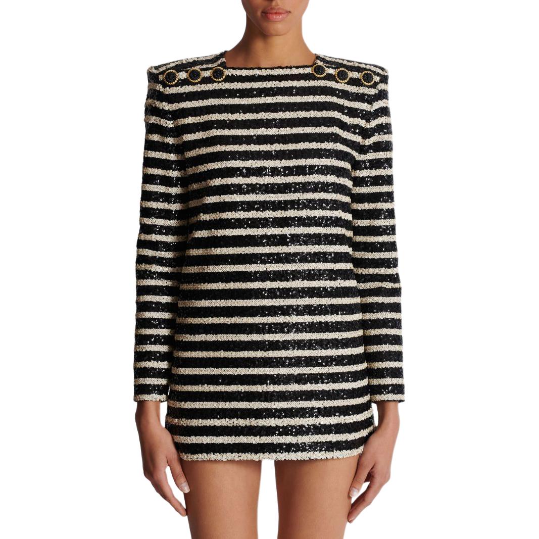 Shop (W) 巴尔曼 SS24 黑色条纹亮片装饰长袖迷你连衣裙. DF1R9181XJ31