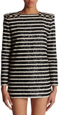 (W) 巴尔曼 SS24 黑色条纹亮片装饰长袖迷你连衣裙. DF1R9181XJ31 Shop (W) 巴尔曼 SS24 黑色条纹亮片装饰长袖迷你连衣裙. DF1R9181XJ31