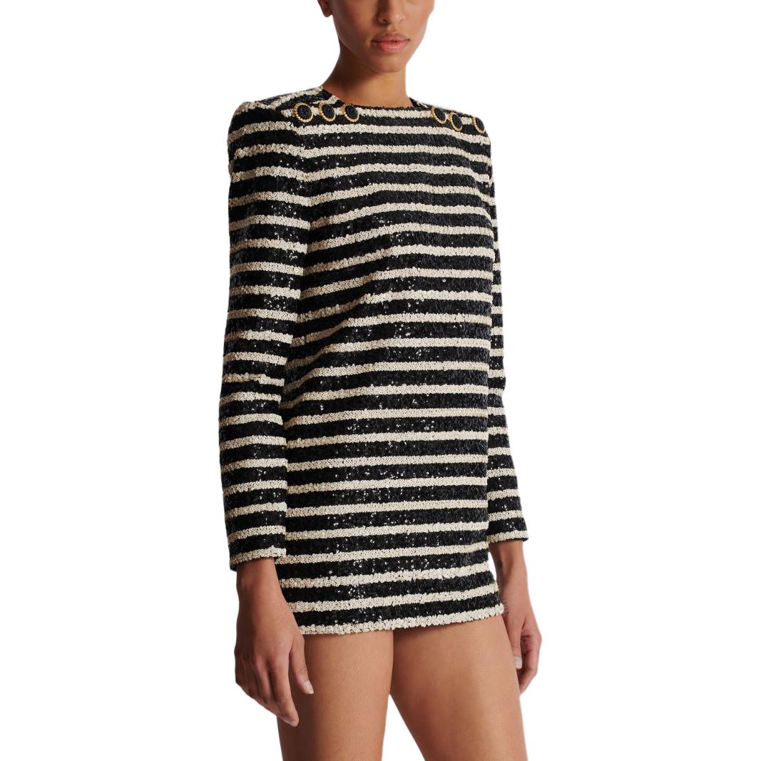 Sizing (W) 巴尔曼 SS24 黑色条纹亮片装饰长袖迷你连衣裙. DF1R9181XJ31
