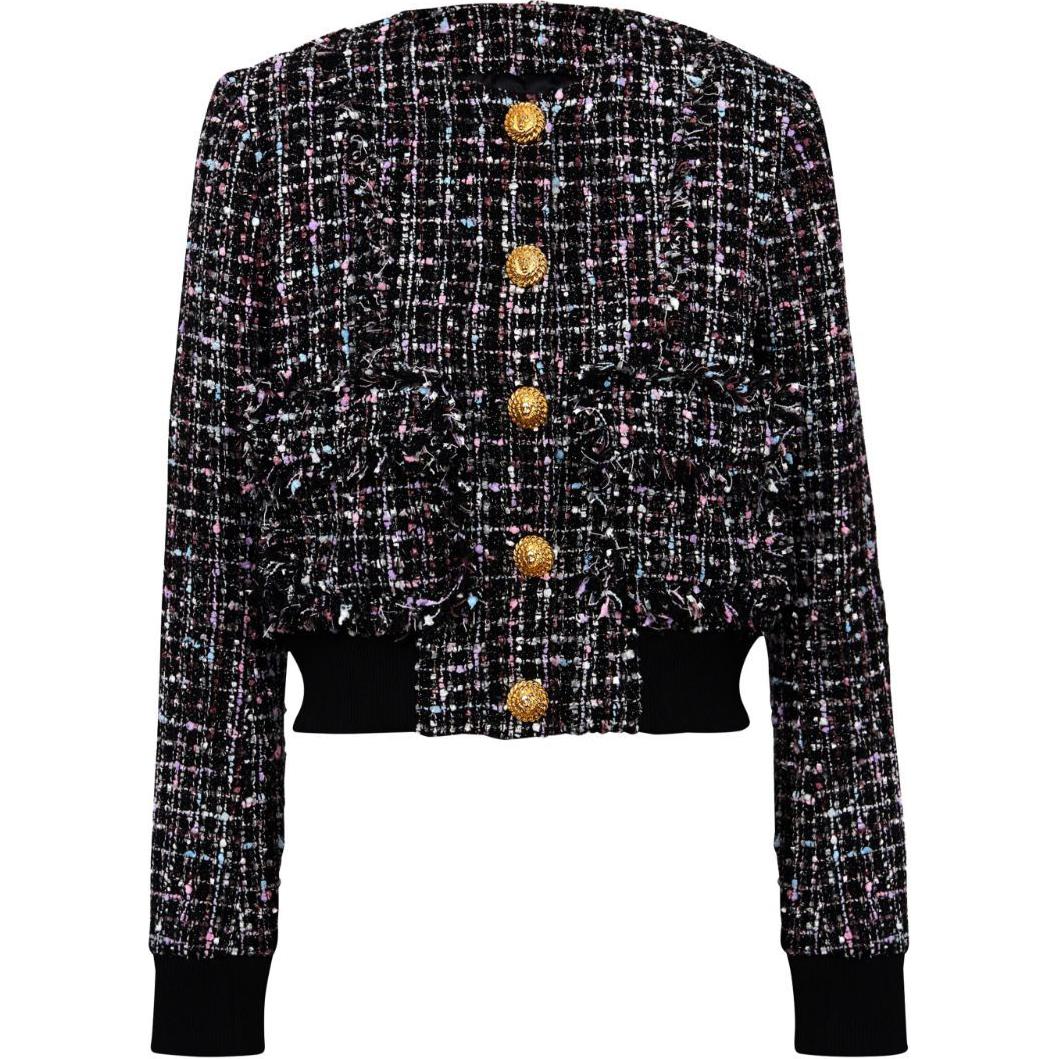 (Women) Balmain SS24  Black Tweed Ribbed Cropped Long-Sleeve Jacket. DF1TH265-XJ24-EAH