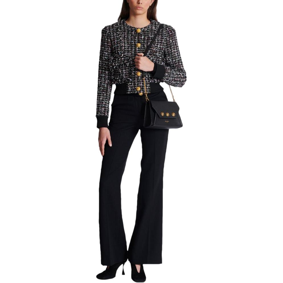 Lookbook (W) 巴尔曼 SS24 黑色粗花呢罗纹短款长袖外套. DF1TH265-XJ24-EAH