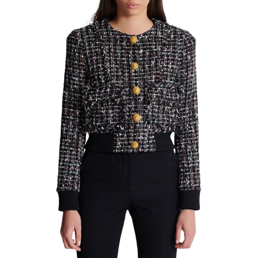 Details for (W) 巴尔曼 SS24 黑色粗花呢罗纹短款长袖外套. DF1TH265-XJ24-EAH