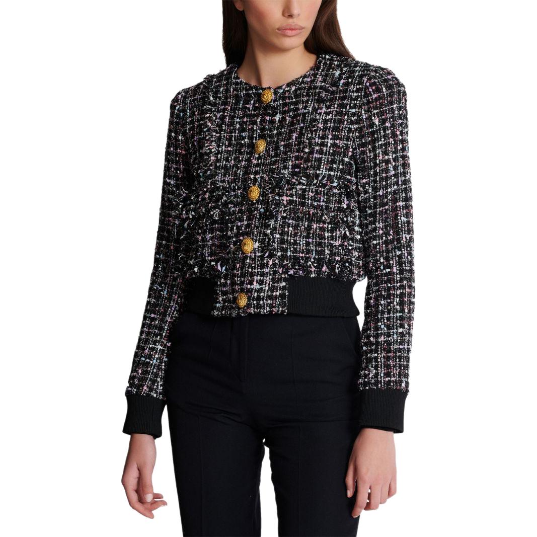 Sizing (W) 巴尔曼 SS24 黑色粗花呢罗纹短款长袖外套. DF1TH265-XJ24-EAH