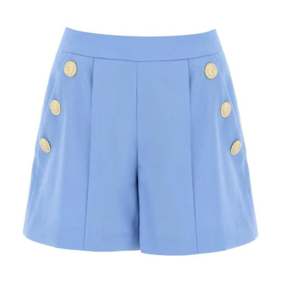 (Women) BALMAIN SS24 Blue Pleated Mid-Rise Straight-Leg Casual Shorts. CF0PA235WC09-6DM
