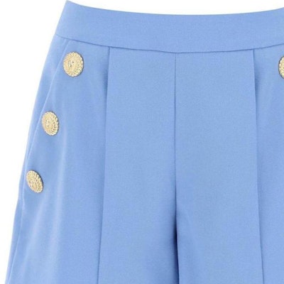 (Women) BALMAIN SS24 Blue Pleated Mid-Rise Straight-Leg Casual Shorts. CF0PA235WC09-6DM Details for (Women) BALMAIN SS24 Blue Pleated Mid-Rise Straight-Leg Casual Shorts. CF0PA235WC09-6DM