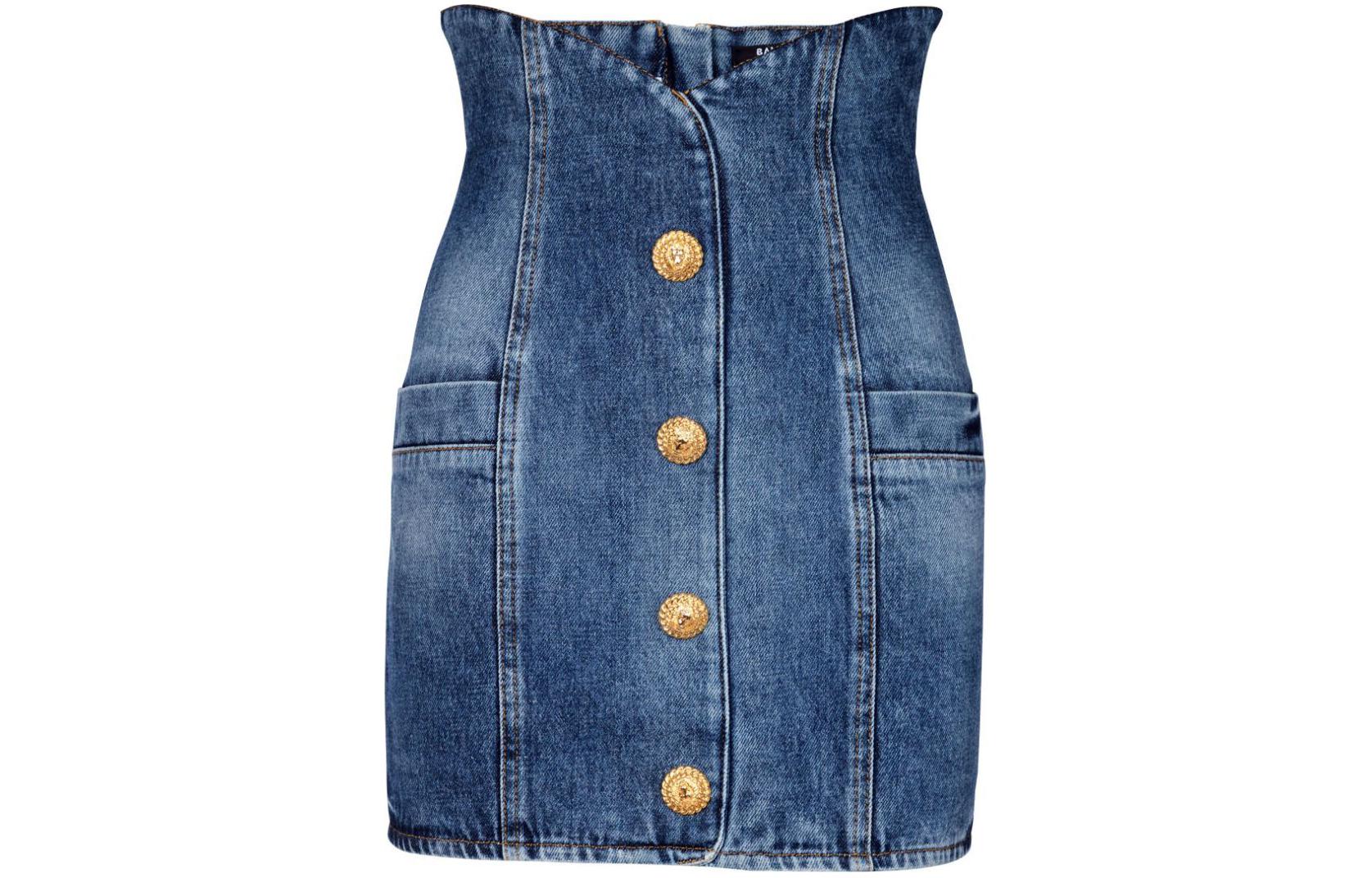 (Women) BALMAIN SS24  Blue Single-Breasted Slim Denim Skirt CF0LB029-DE32-6FF