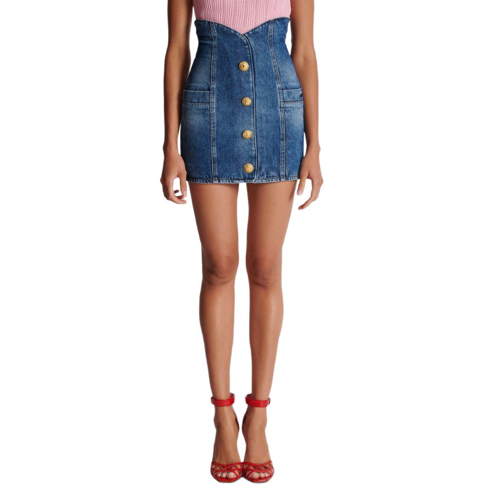 Shop (W) BALMAIN SS24 藍色單排扣修身牛仔裙 CF0LB029-DE32-6FF