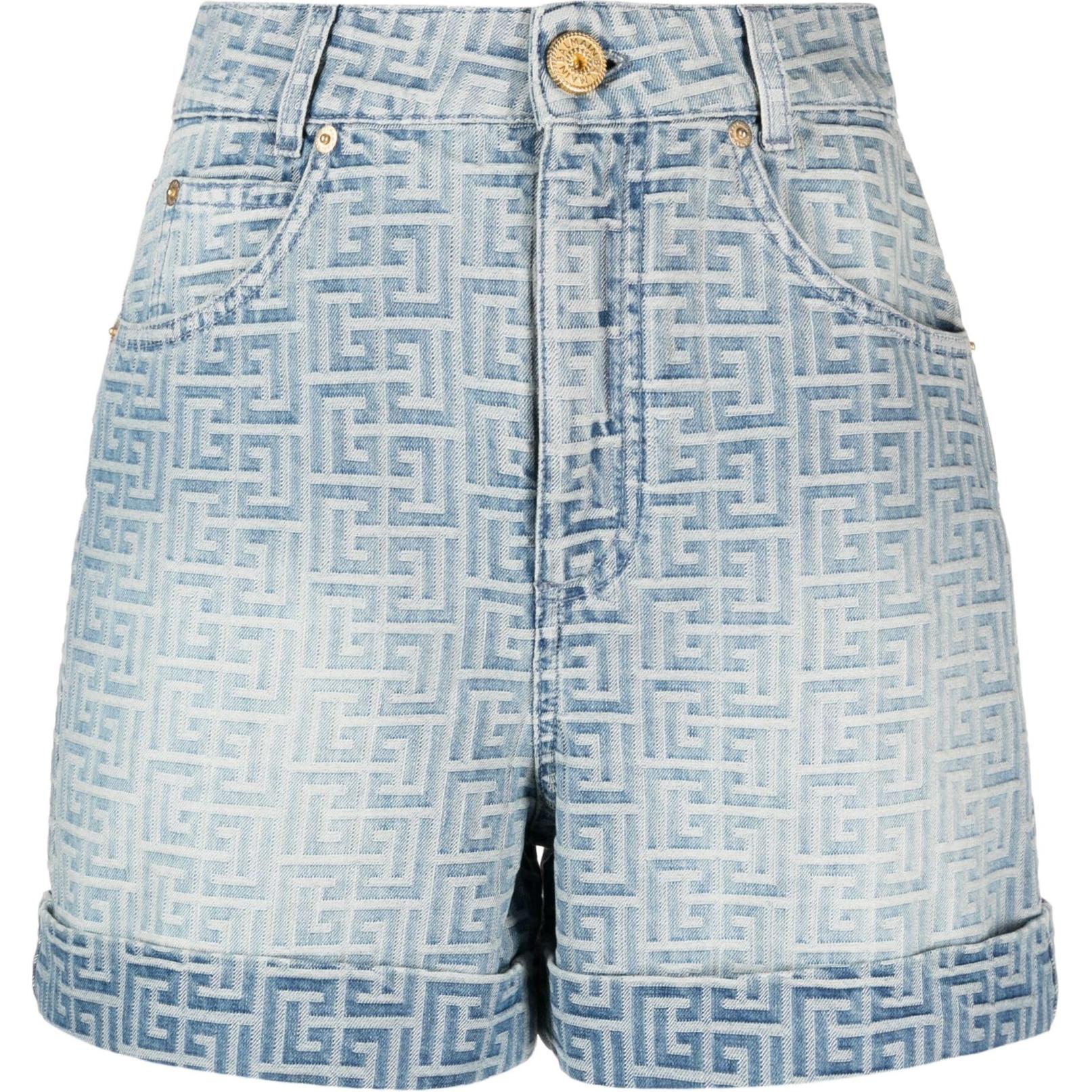 (Women) BALMAIN SS24  Light Blue Wide-Leg Logo Button Denim Shorts. CF1MA100-DD27-6FF