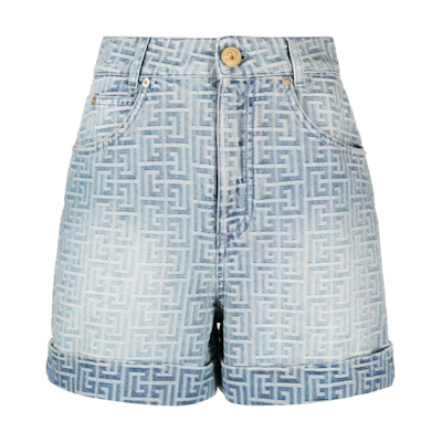 (Women) BALMAIN SS24 Light Blue Wide-Leg Logo Button Denim Shorts. CF1MA100-DD27-6FF