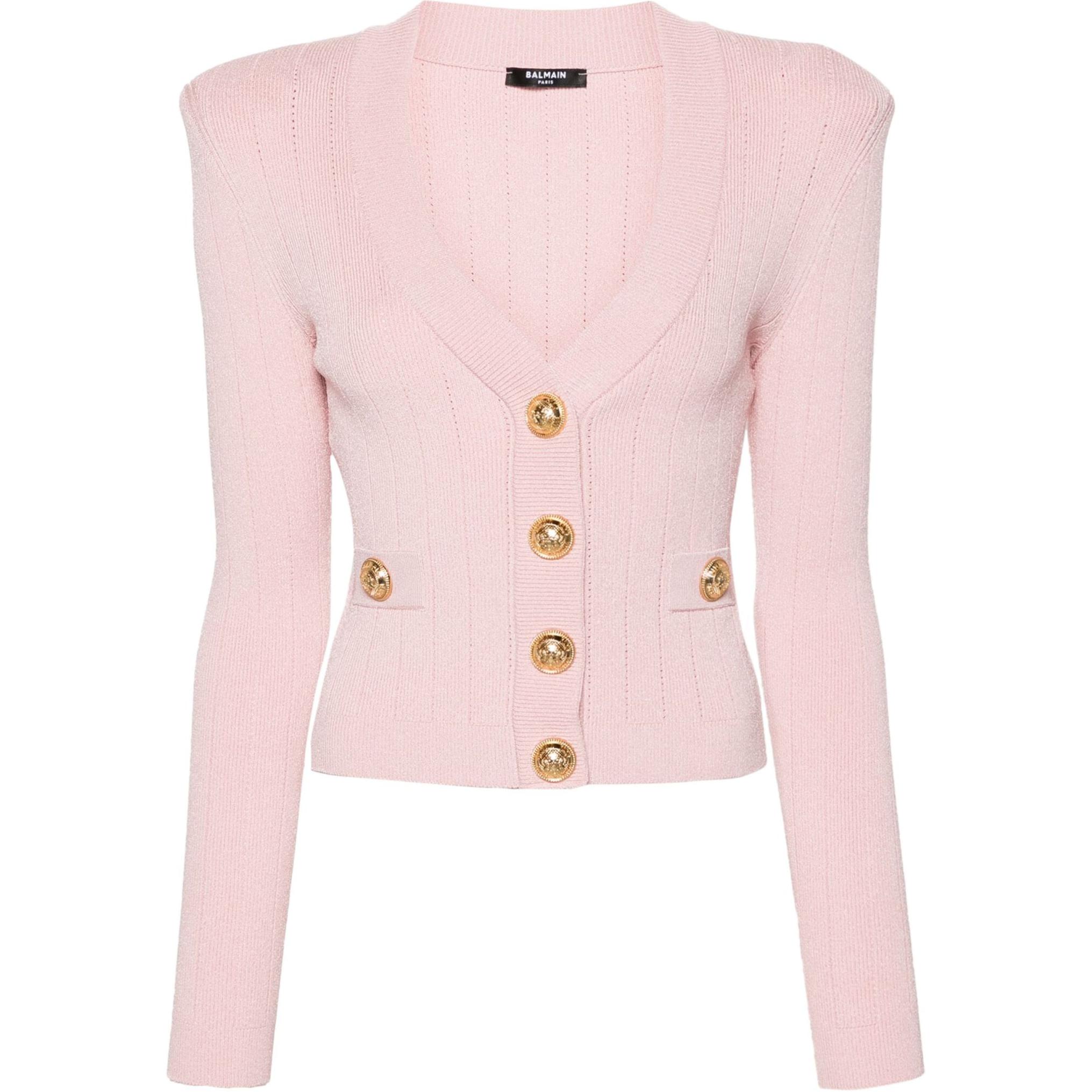 (Women) BALMAIN SS24  Light Pink Slim-Fit V-Neck Long Sleeve Knit Cardigan. DF1KL007-KB07-4CO