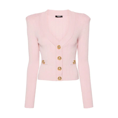 (Women) BALMAIN SS24 Light Pink Slim-Fit V-Neck Long Sleeve Knit Cardigan. DF1KL007-KB07-4CO