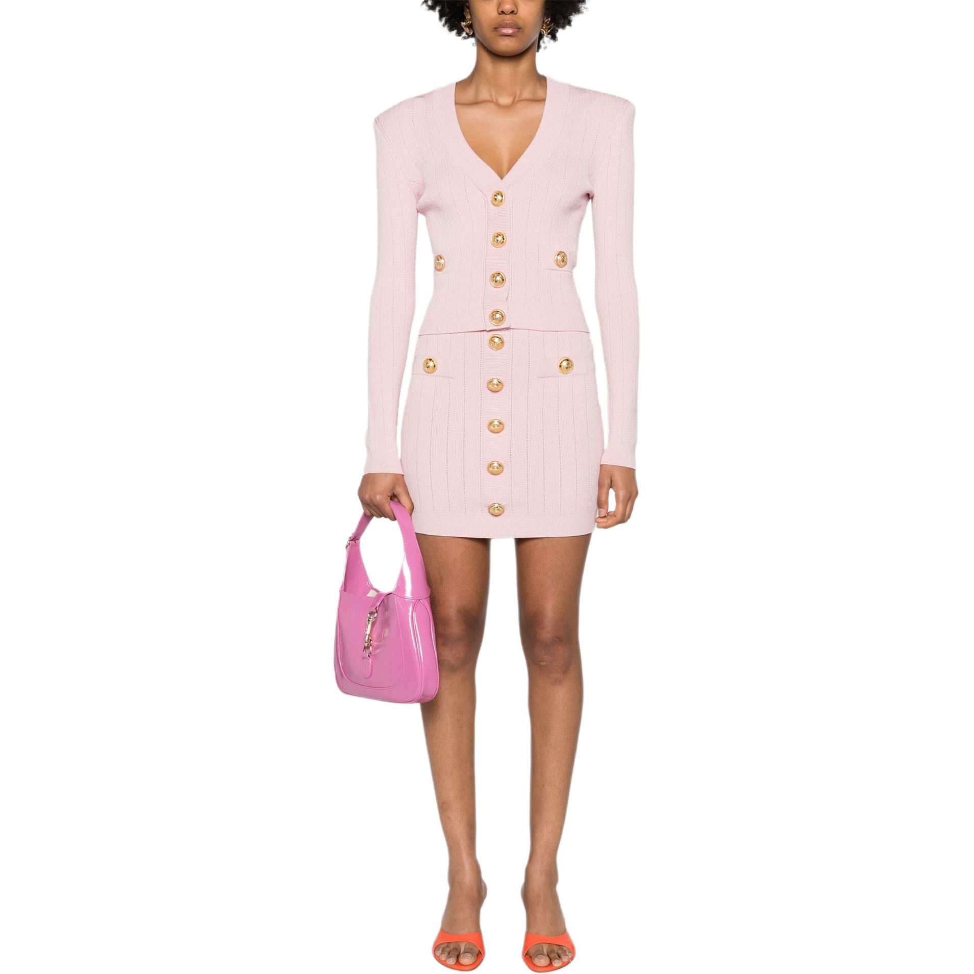 Lookbook (W) 巴尔曼 SS24 淡粉色修身V领长袖针织开衫 DF1KL007-KB07-4CO