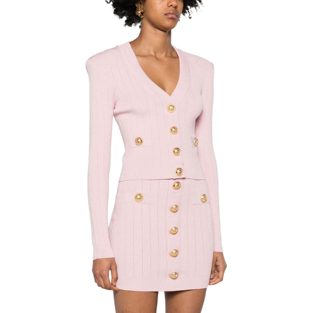 Purchase (W) 巴尔曼 SS24 淡粉色修身V领长袖针织开衫 DF1KL007-KB07-4CO