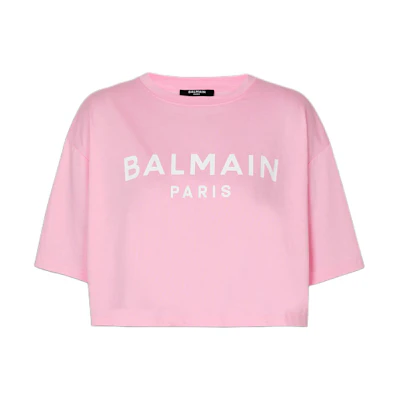(Women) BALMAIN SS24 Pink Letter Print Loose Fit Short Sleeve T-Shirt. BF1EE020BB02-OGV