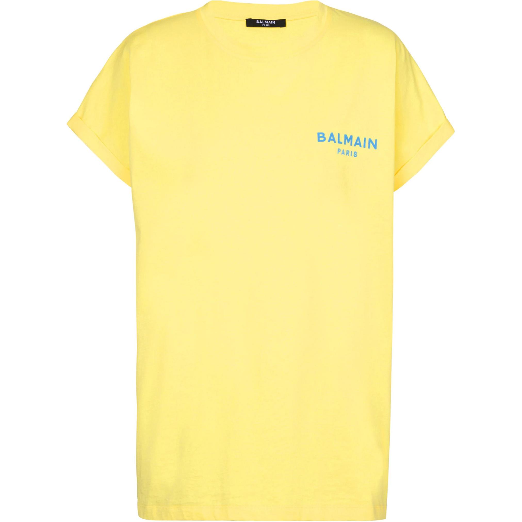 (Women) BALMAIN SS24  Yellow Flocked Logo Casual Crewneck T-Shirt DF1EF010BB01-IEM