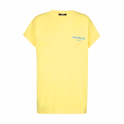(Women) BALMAIN SS24 Yellow Flocked Logo Casual Crewneck T-Shirt DF1EF010BB01-IEM