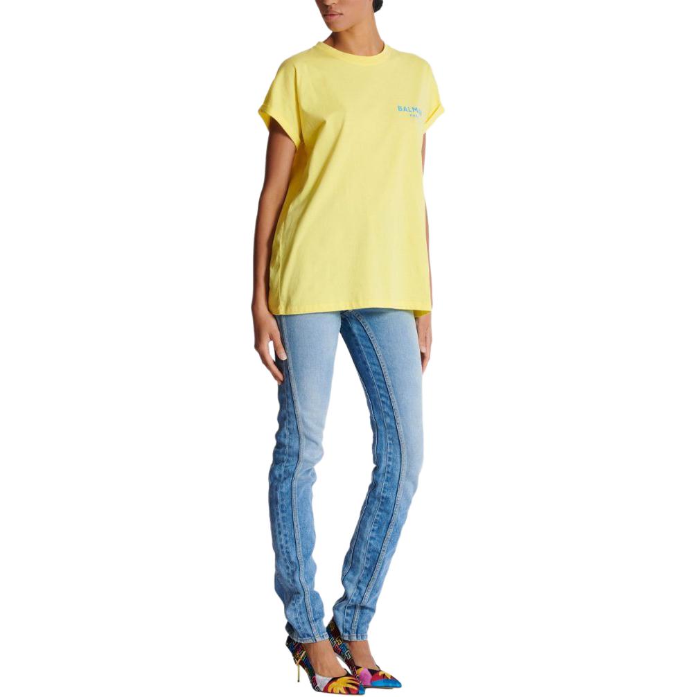 Purchase (W) 巴尔曼 SS24 黄色绒毛标志休闲圆领短袖T恤 DF1EF010BB01-IEM